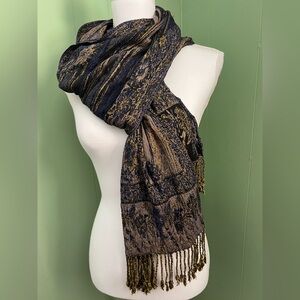 Rapti Silk Blend Hand Made Elegant Blue and Gold Scarf with Fringe, NWT